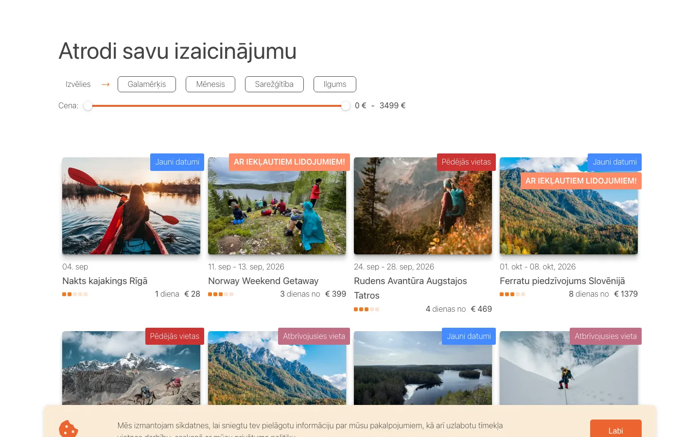Vecā vietne — Braucienu katalogs ar četriem filtriem un cenas slīdni